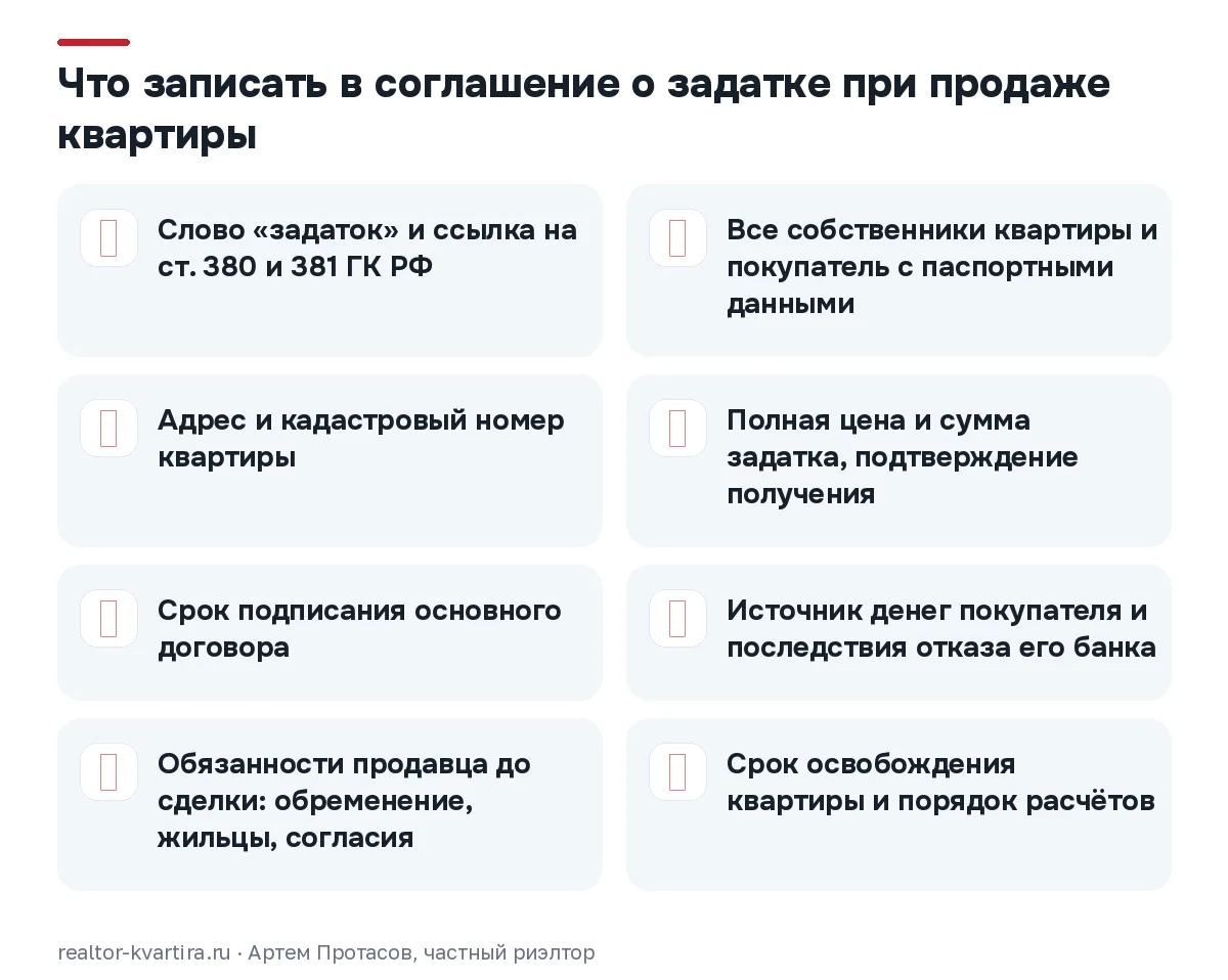 Чек-лист соглашения о задатке из 8 пунктов: стороны, квартира, цена, срок сделки, деньги покупателя и обязанности продавца